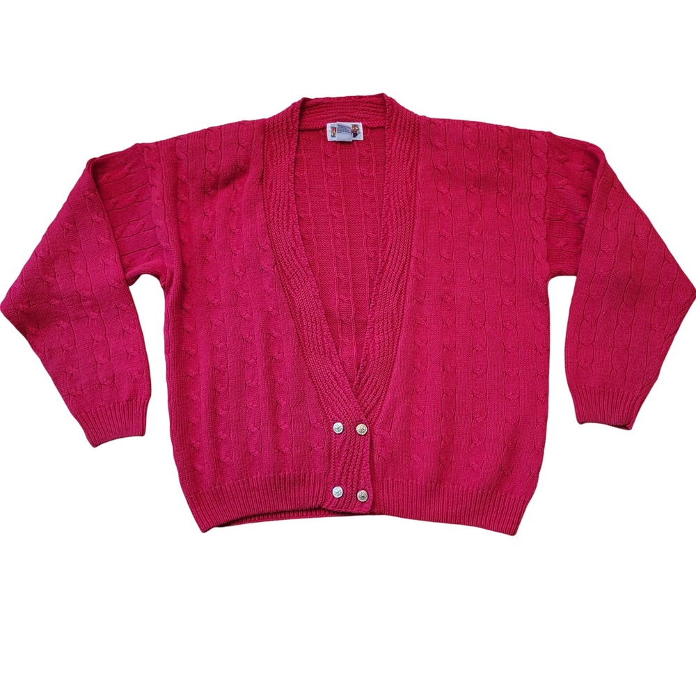 Red Camel Cable Knit Cardigan Sweater Crimson Red Double Breasted Button Front L
